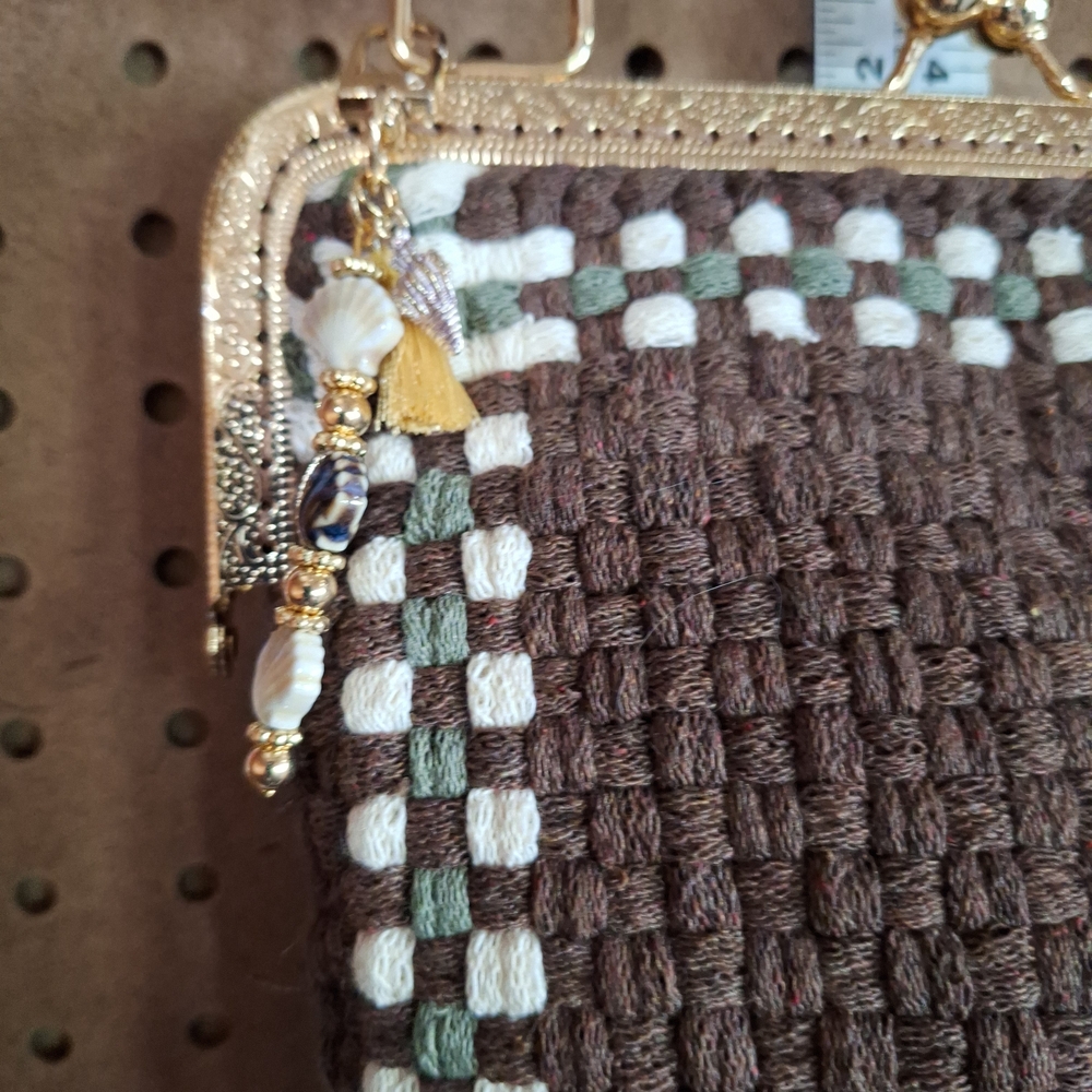 Brown Woven Top-Handle Bag with Cream & Green Trim - Picture 9 of 9